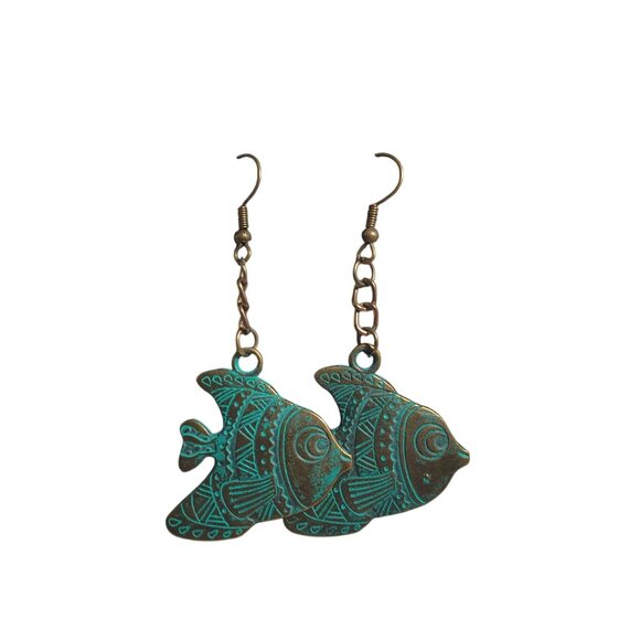 Fish Dangling Earrings Brass Hook Handmade Patina Accent Bohemian Style Beach - Picture 4 of 4